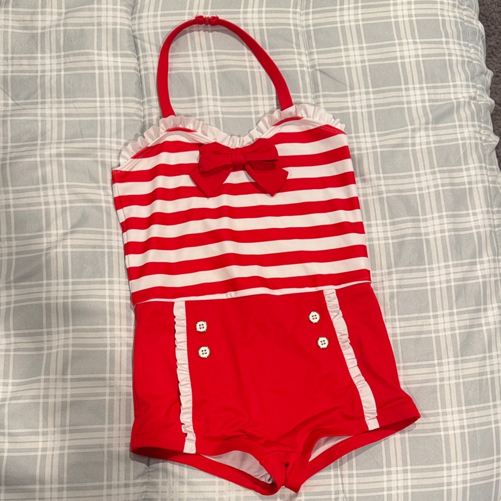 Janie and Jack Red and White Striped Swimsuit